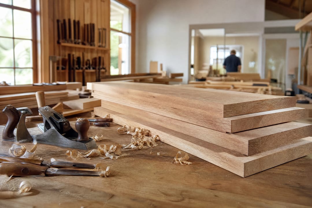 Oak boards, hand planes and wood shavings on a workshop bench