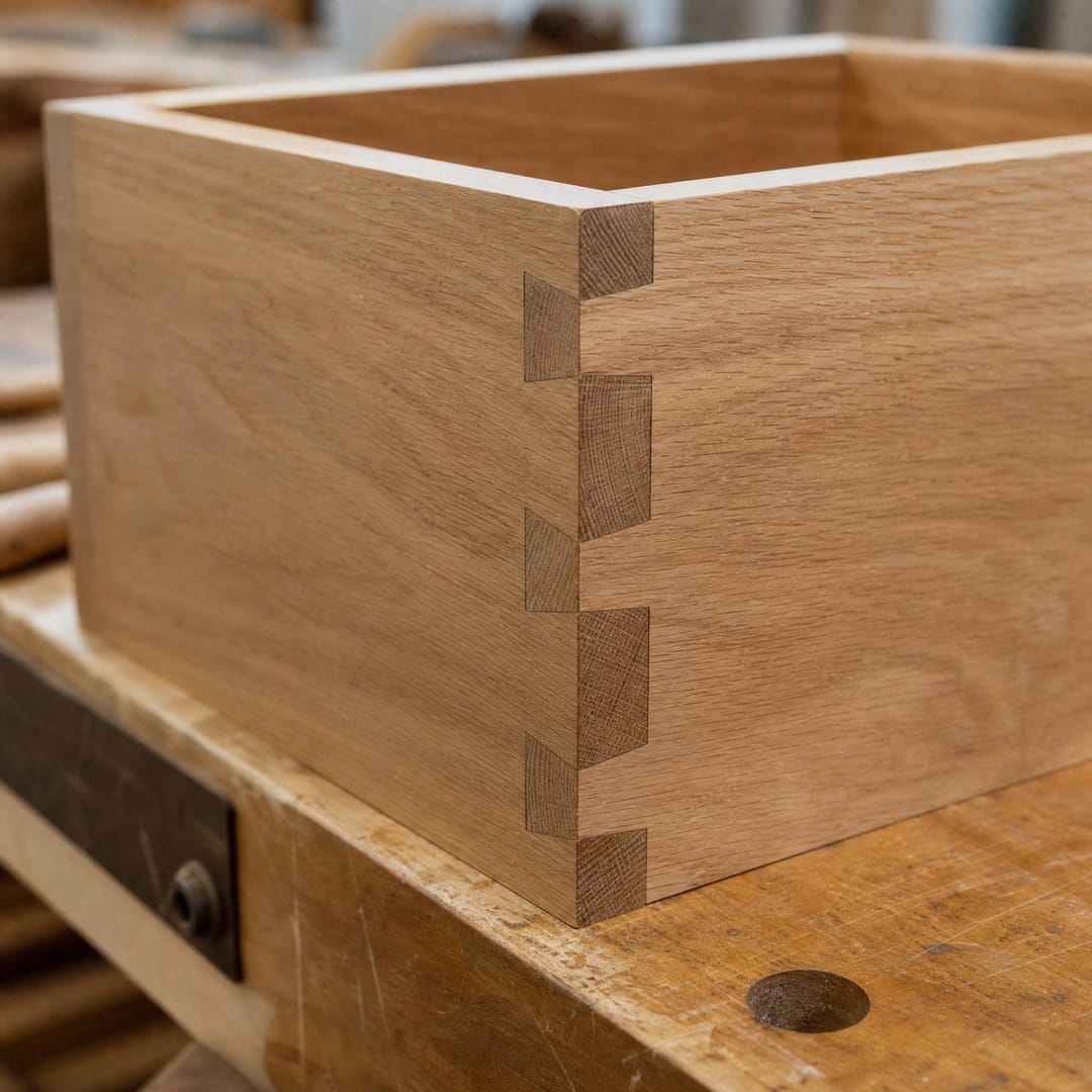 Hand-cut dovetail joint in light oak