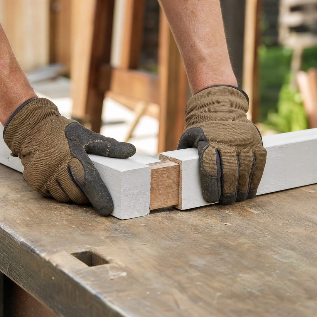 Gloved hands fitting painted timber
