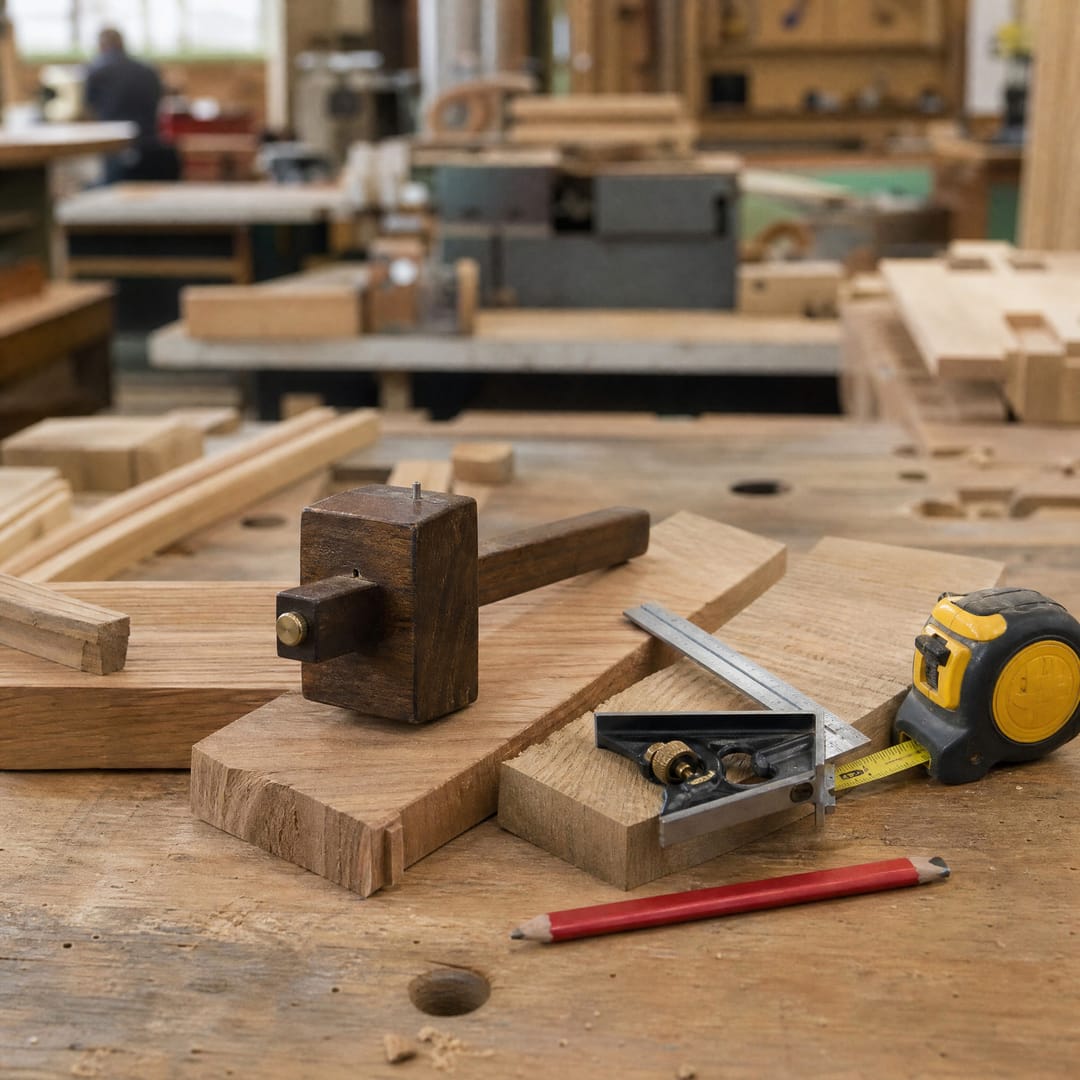 Marking gauge, square, pencil and tape on oak offcuts