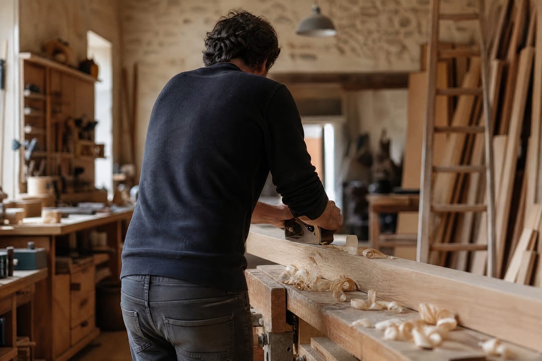 Joiner planing a length of oak at a workbench, seen from behind