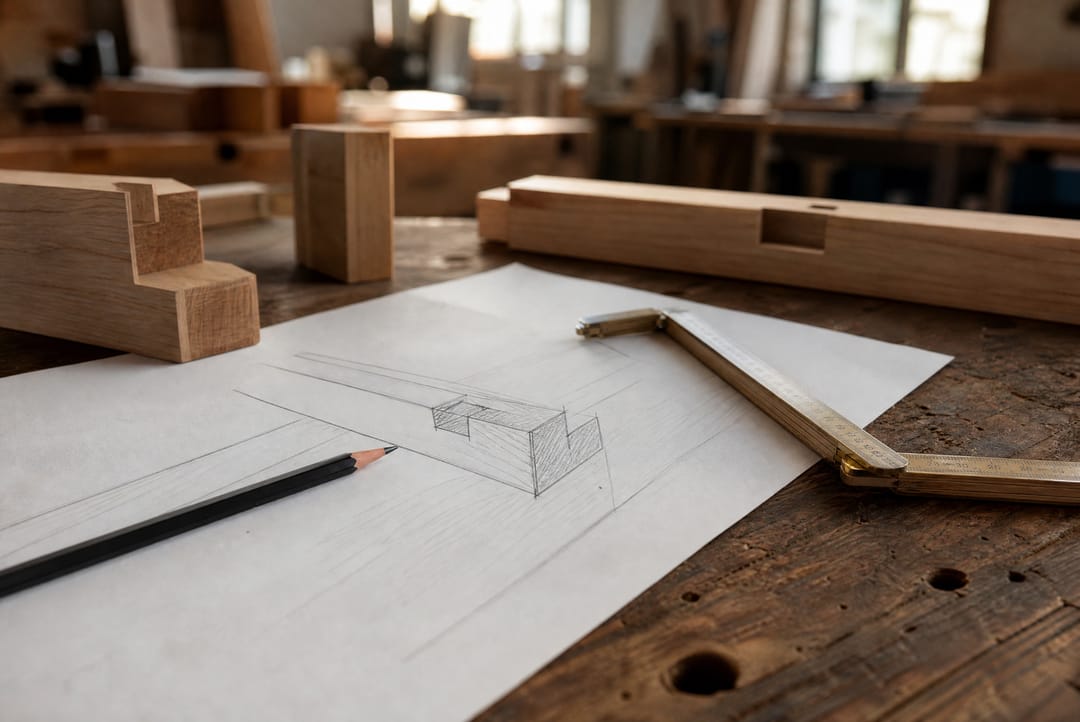 Pencil, folding rule and a sketch on a wooden workbench